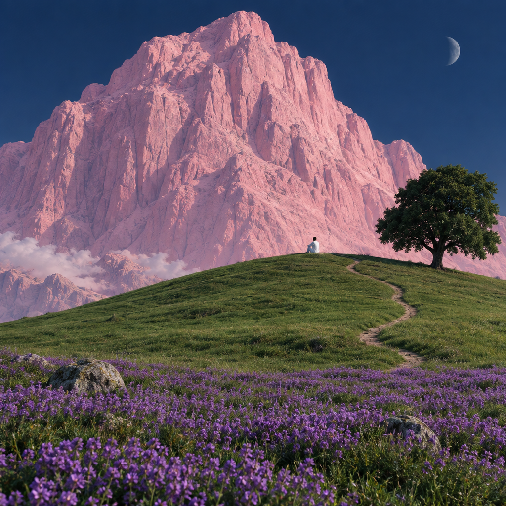 A surreal landscape featuring a vast, lush green hill with a narrow winding path leading toward a so