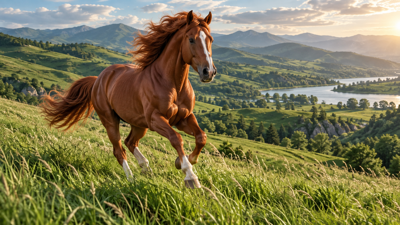 A realistic digital painting of a vibrant chestnut horse with a flowing mane galloping freely throug