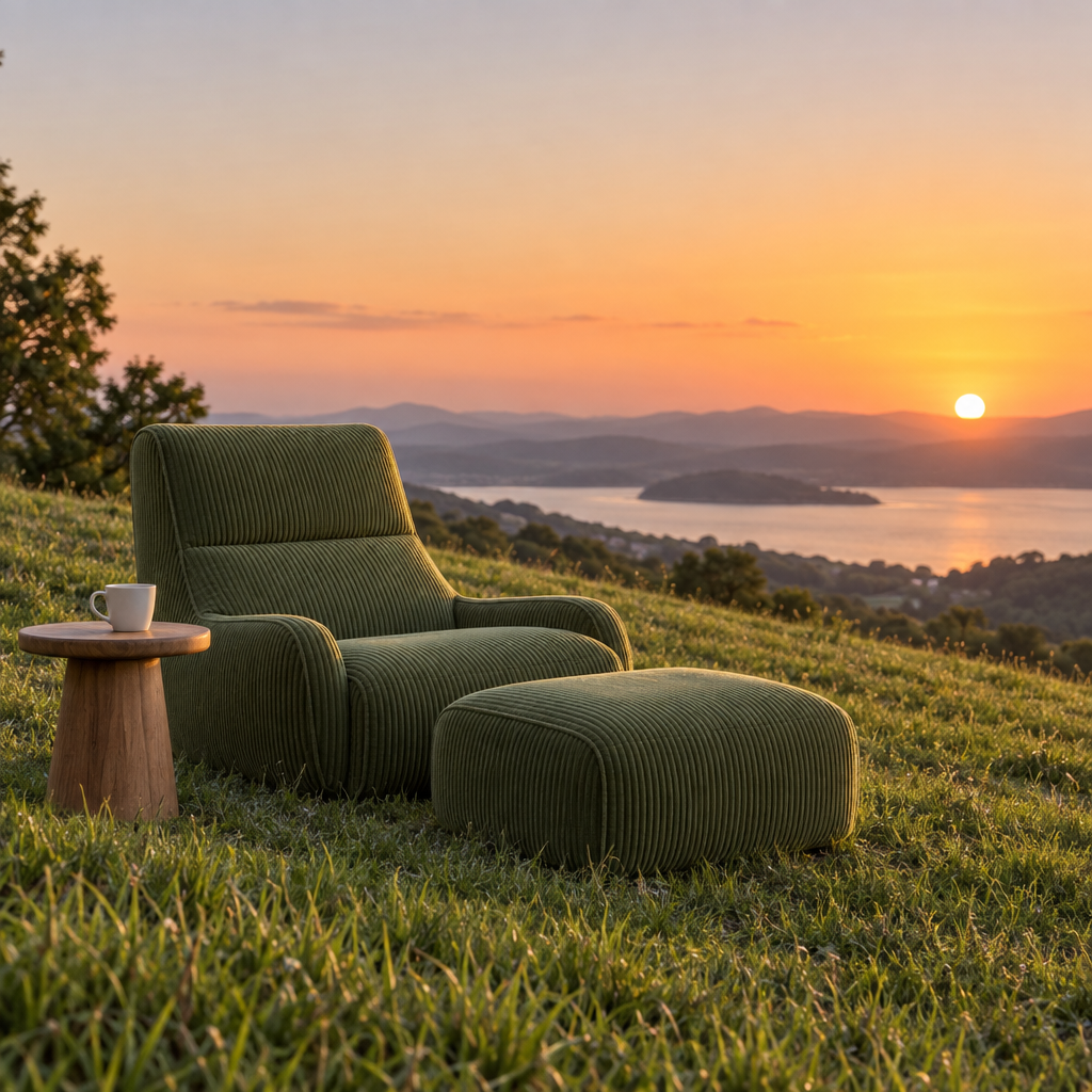 A minimalist outdoor scene featuring a modern green corduroy lounge chair with matching ottoman plac