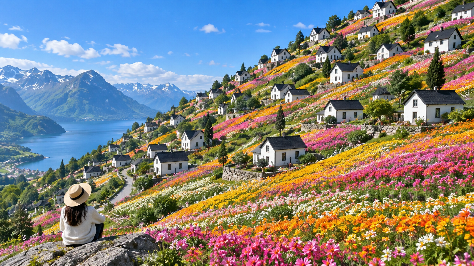 A breathtaking hillside covered extensively in vibrant wildflowers creating colorful stripes of pink