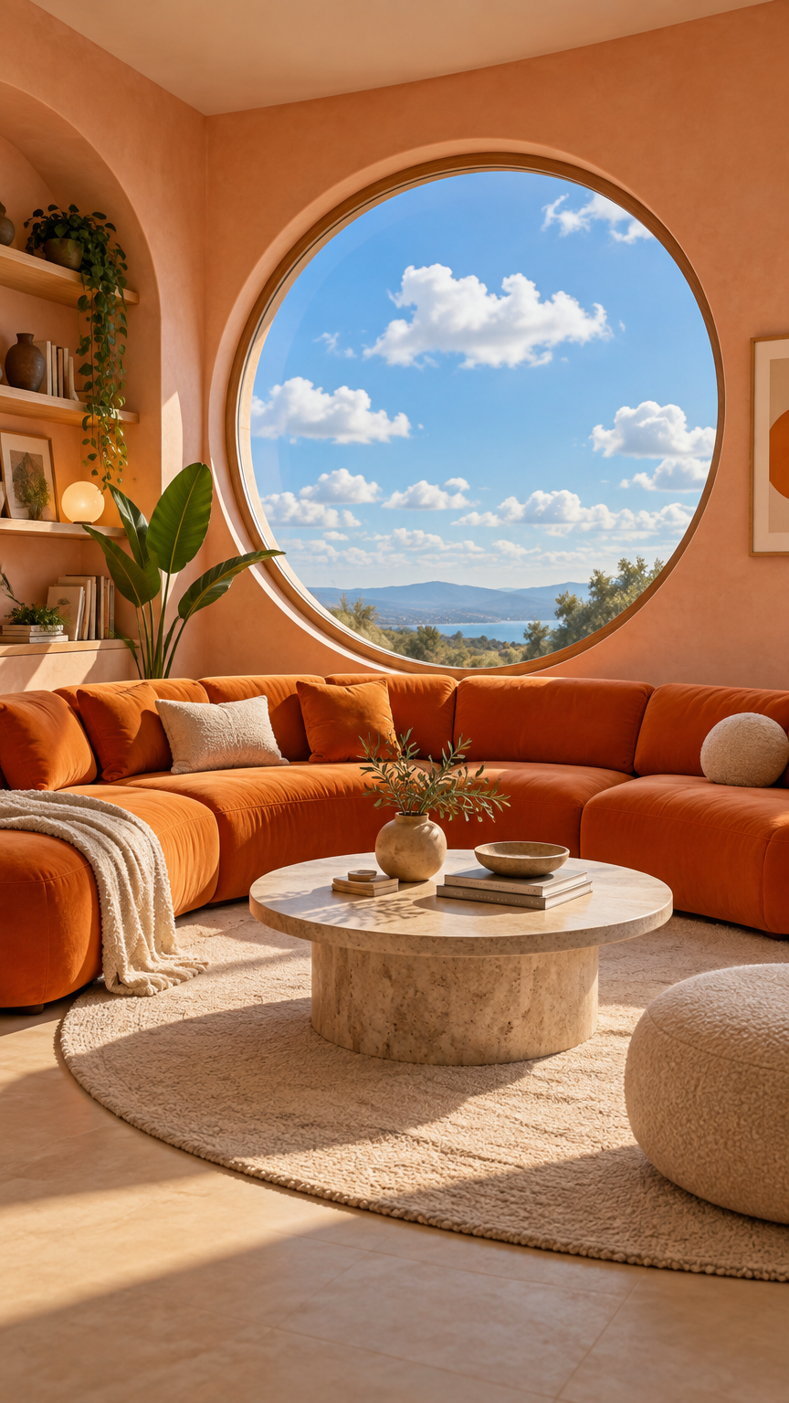 A stylish, cozy interior space with a large circular window framing a bright blue sky dotted with fl