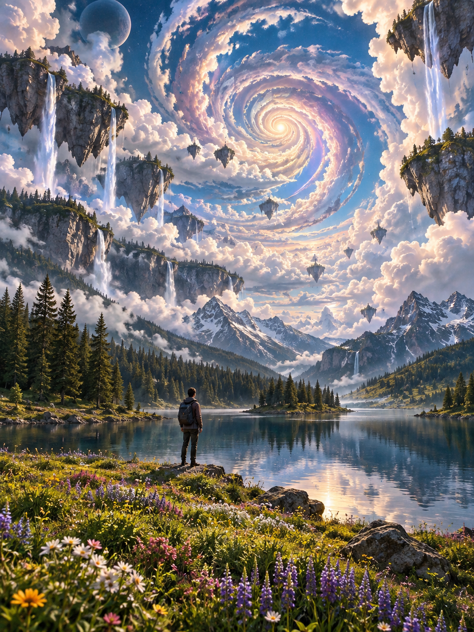 A fantastical nature scene where a vibrant flower meadow meets an otherworldly corridor of floating 