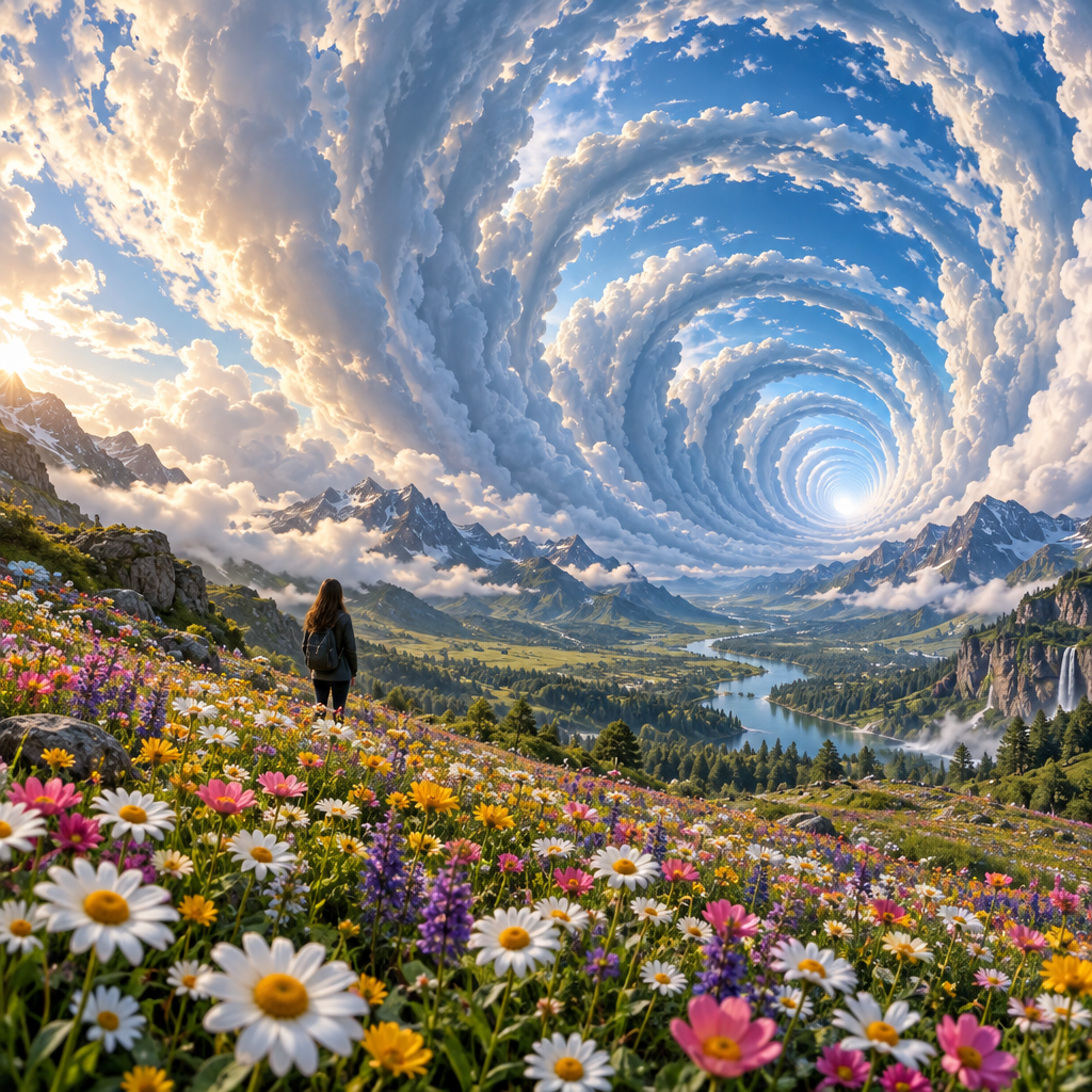 An expansive floral valley bursting with colorful daisies and other flowers, sitting under a giganti