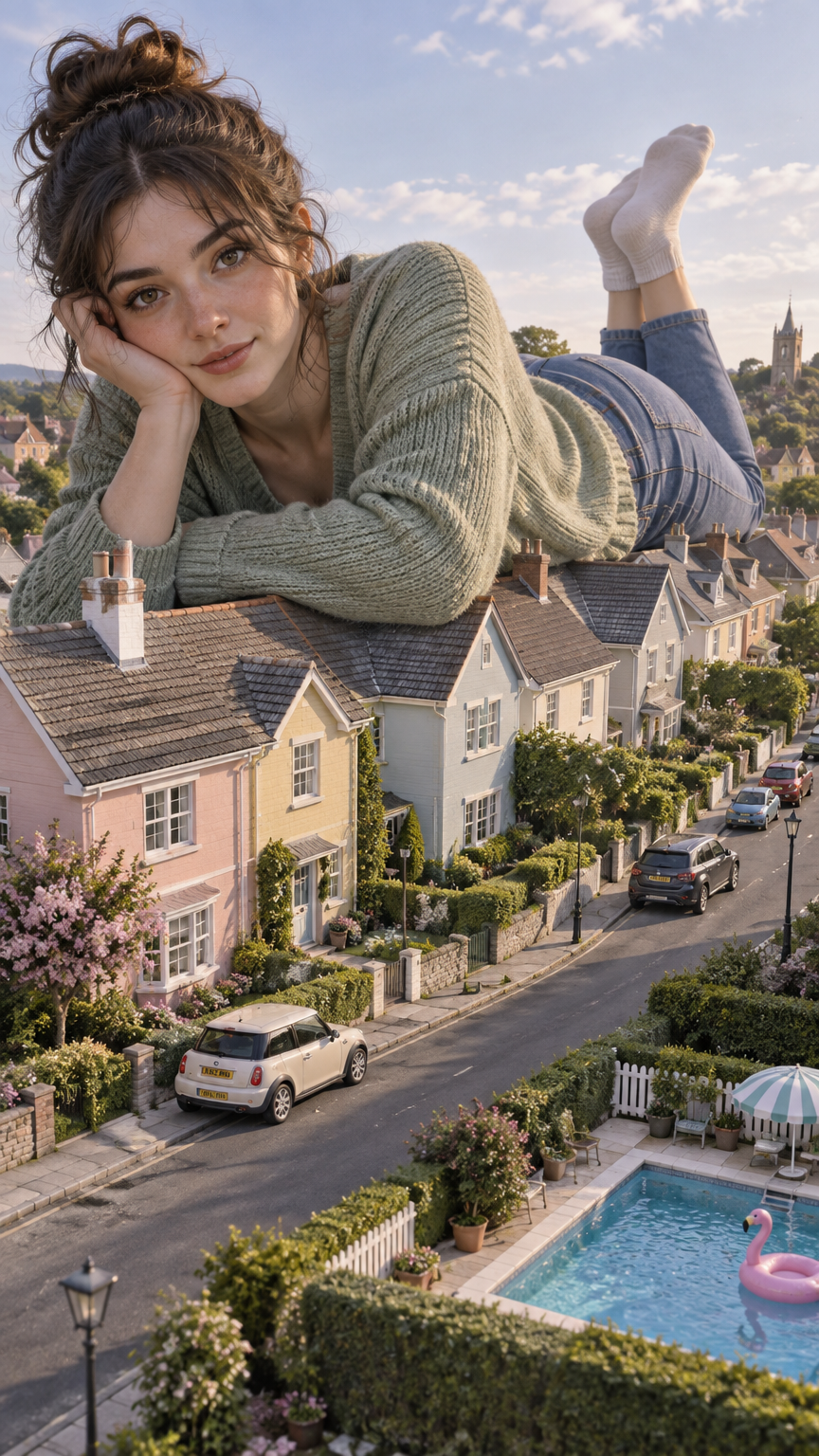A surreal, playful scene in a quiet suburban street where a huge person lounges on the rooftops of s