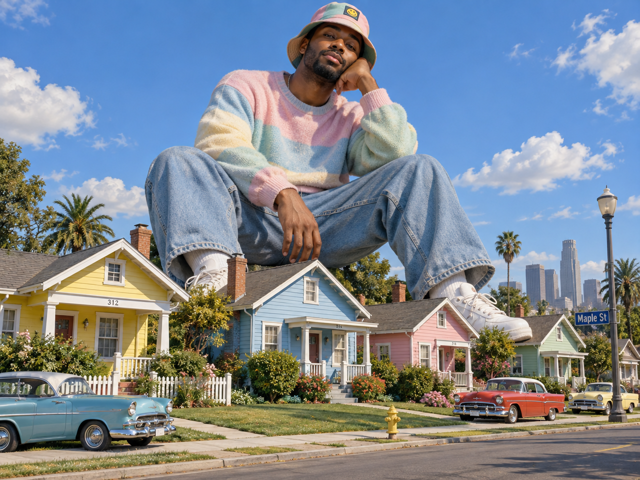 An imaginative portrayal of a giant man wearing a pastel-colored sweater and bucket hat sitting nonc