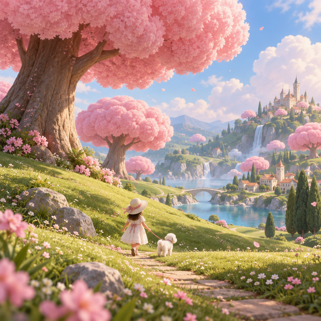 An enchanting, stylized nature scene with oversized whimsical pink trees standing tall on rolling gr