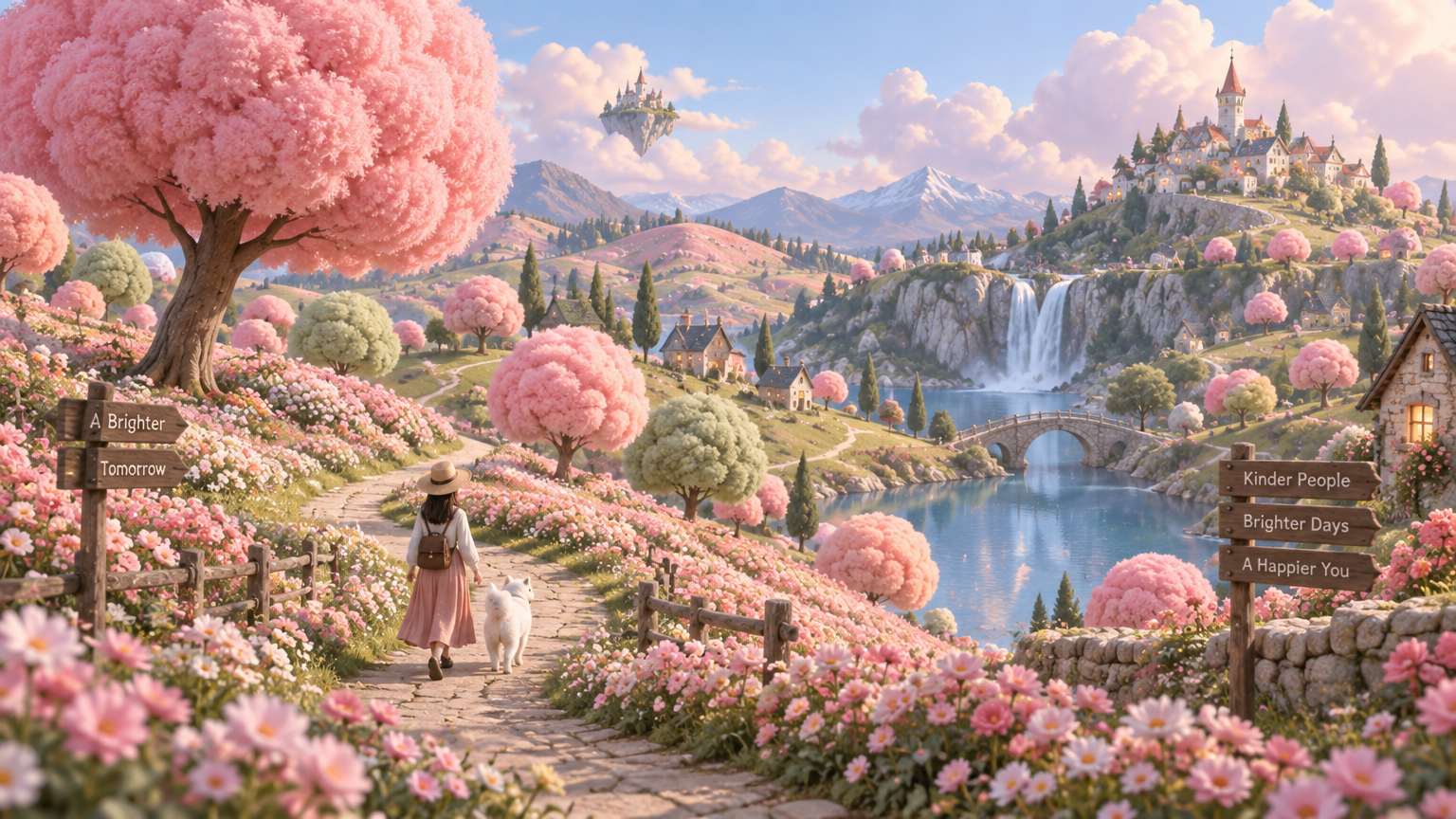 A surreal, animated landscape featuring cotton candy-like spherical trees in various shades of pink 