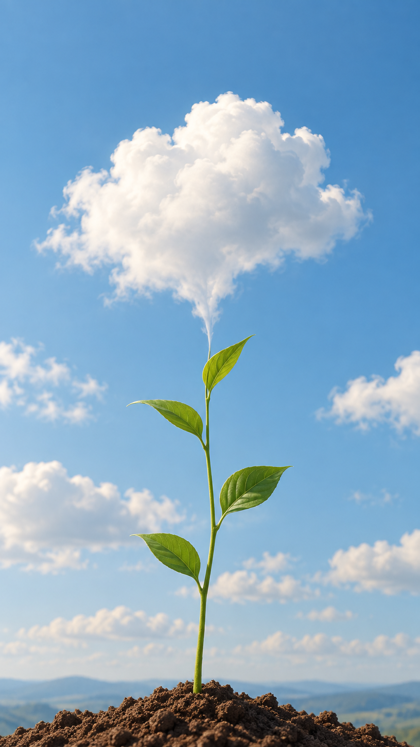 A minimalist surreal scene of a delicate plant stem with fresh green leaves growing upward, seamless