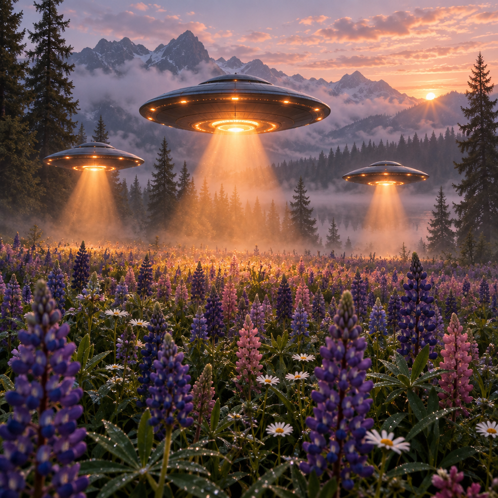 A mystical, cinematic scene of three glowing UFOs hovering just above a dense field of blooming lupi