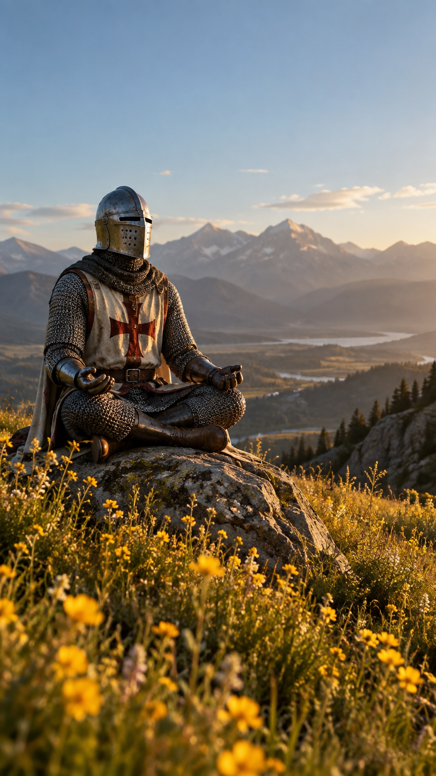 A serene, hyper realistic scene of a medieval knight in full chainmail and helmet sitting cross-legg