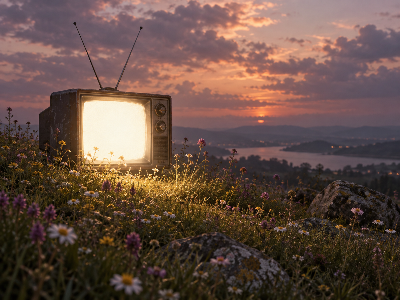 A surreal outdoor scene featuring an old-fashioned television set with antennas sitting on a grassy 