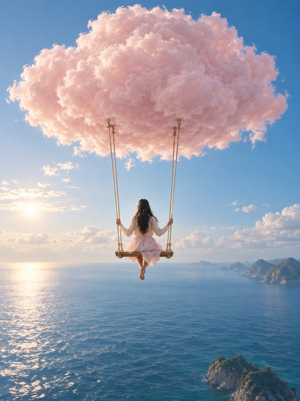 A dreamlike surreal image of a person sitting on a wooden swing suspended from a large, fluffy pink 