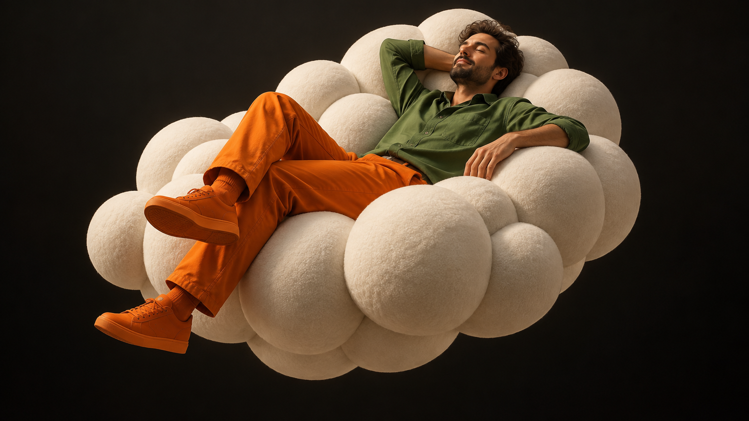 A surreal scene featuring a man dressed in vibrant orange pants, orange shoes, and a green shirt, re