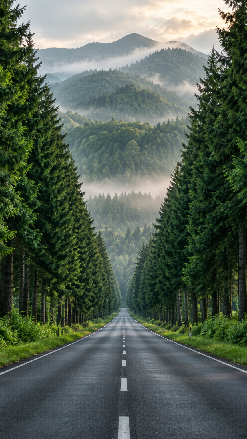 A stunning landscape of a perfectly straight road flanked by tall, lush, symmetrical rows of deep gr