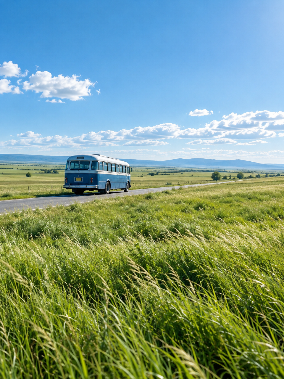 A solitary vintage blue bus traveling through a vast field of tall, flowing green grass under a clea
