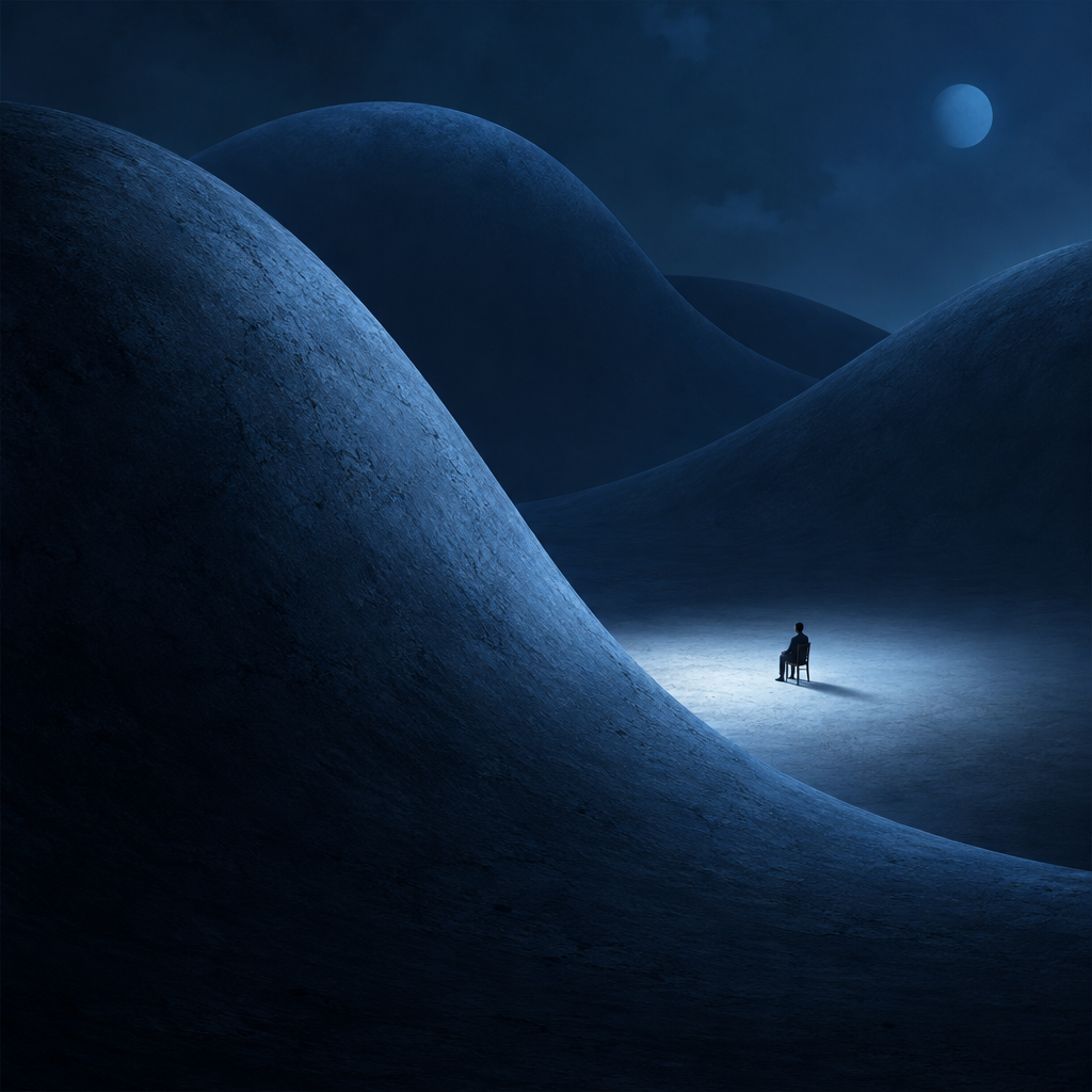 An artistic, minimalistic scene in deep blue tones featuring a small human figure seated on a chair 