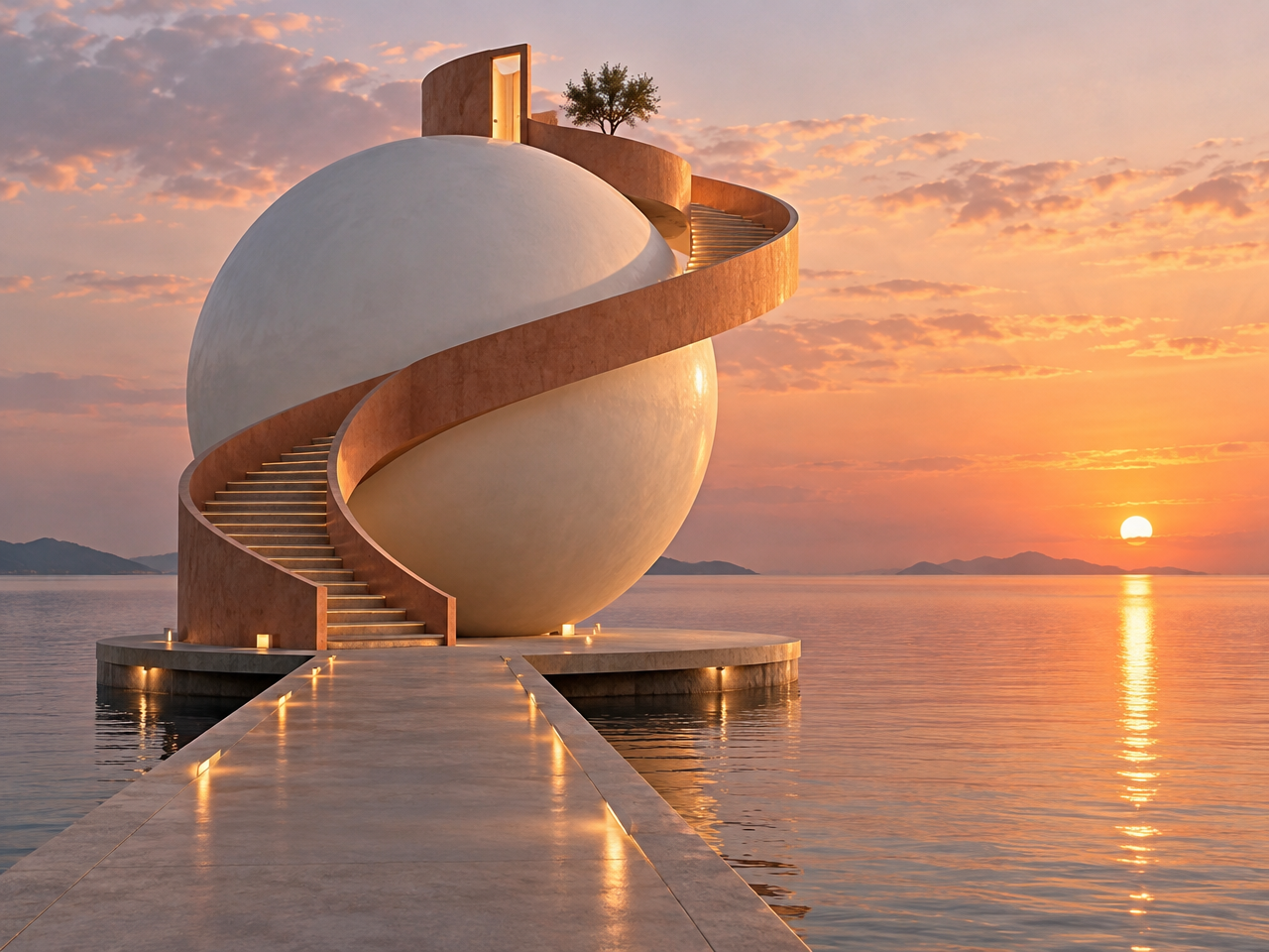 A surreal architectural composition showing a large white sphere over water at sunset, with a spiral