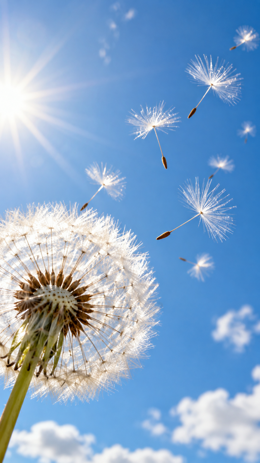A close-up view of a dandelion clock against a bright blue sky with sun rays shining through. Indivi