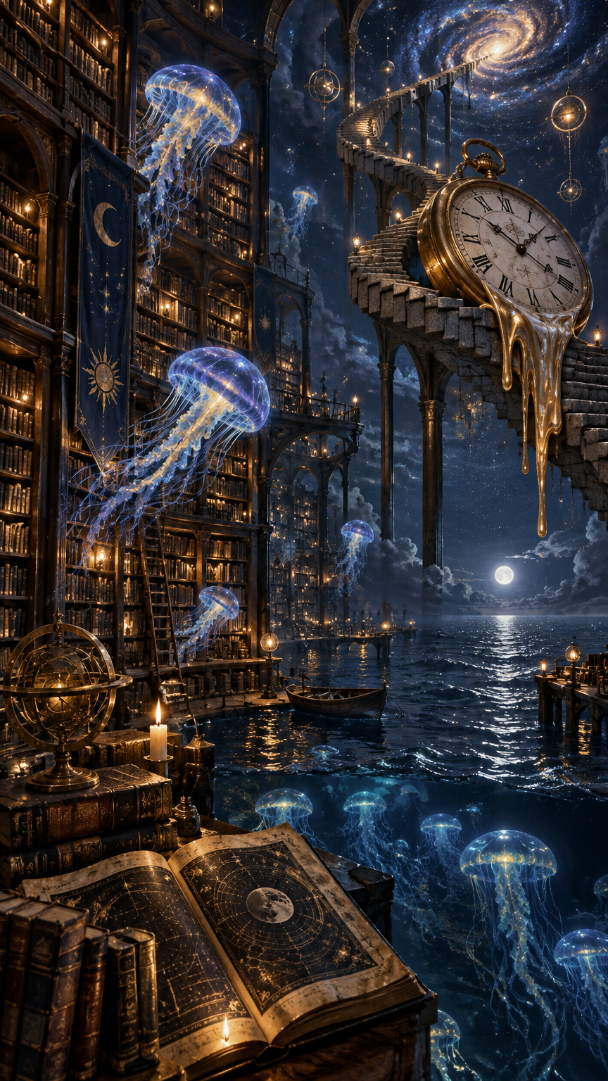 A surreal dreamscape where an ancient library floats in a vast midnight ocean, glowing bioluminescen