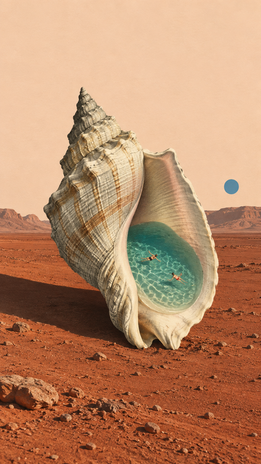Make a single surreal collage artwork: a giant ivory seashell rests upright on a rust-red desert, an