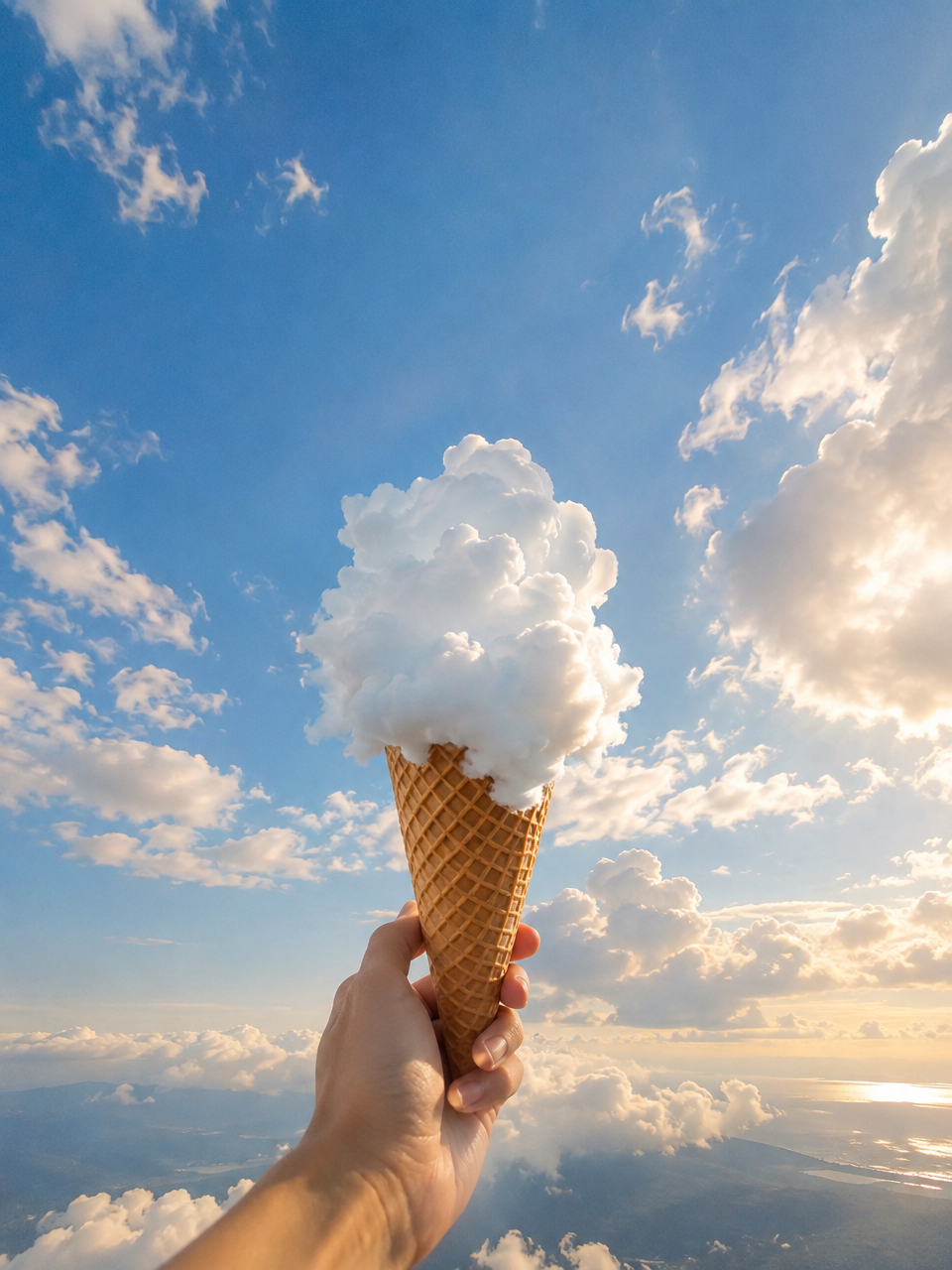 scene in sky, extreme wide angle lens, hyper-realistic photo of waffer cone with white clouds on top