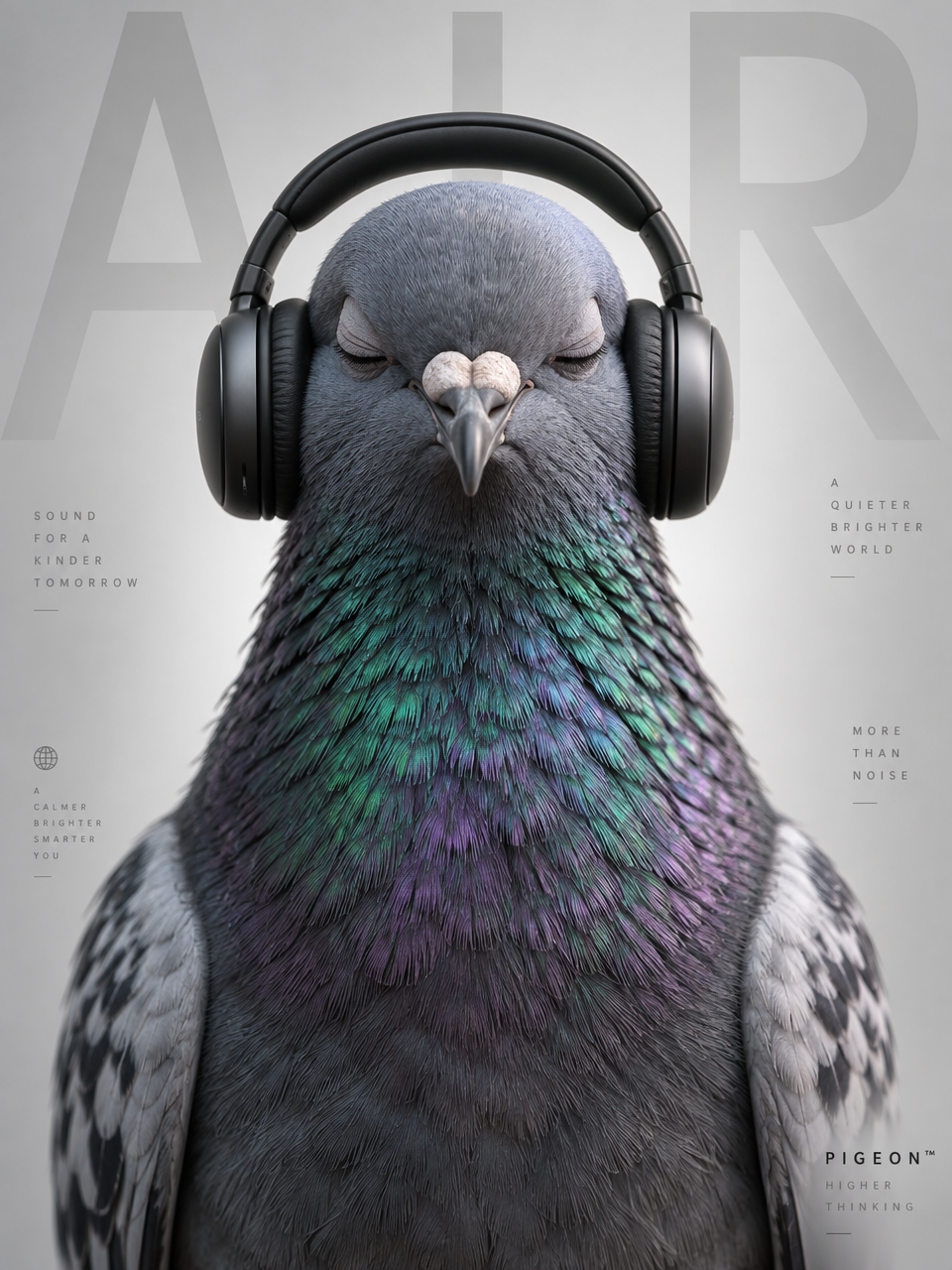 A hyper-realistic premium advertising poster featuring a majestic city pigeon wearing sleek matte bl
