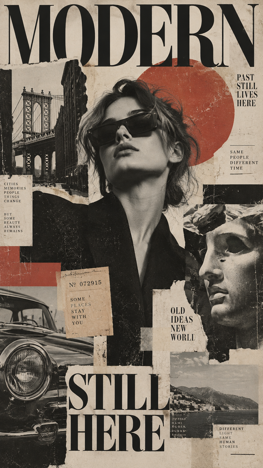 A nostalgic editorial collage aesthetic combining fashion photography, oversized typography, distres