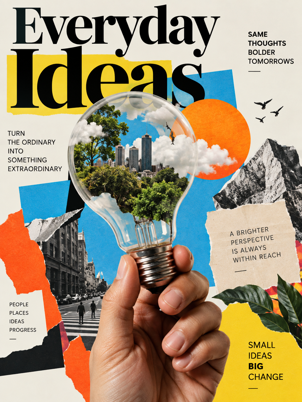 Turn everyday concepts into vibrant editorial collages with integrated titles, photorealistic hands,