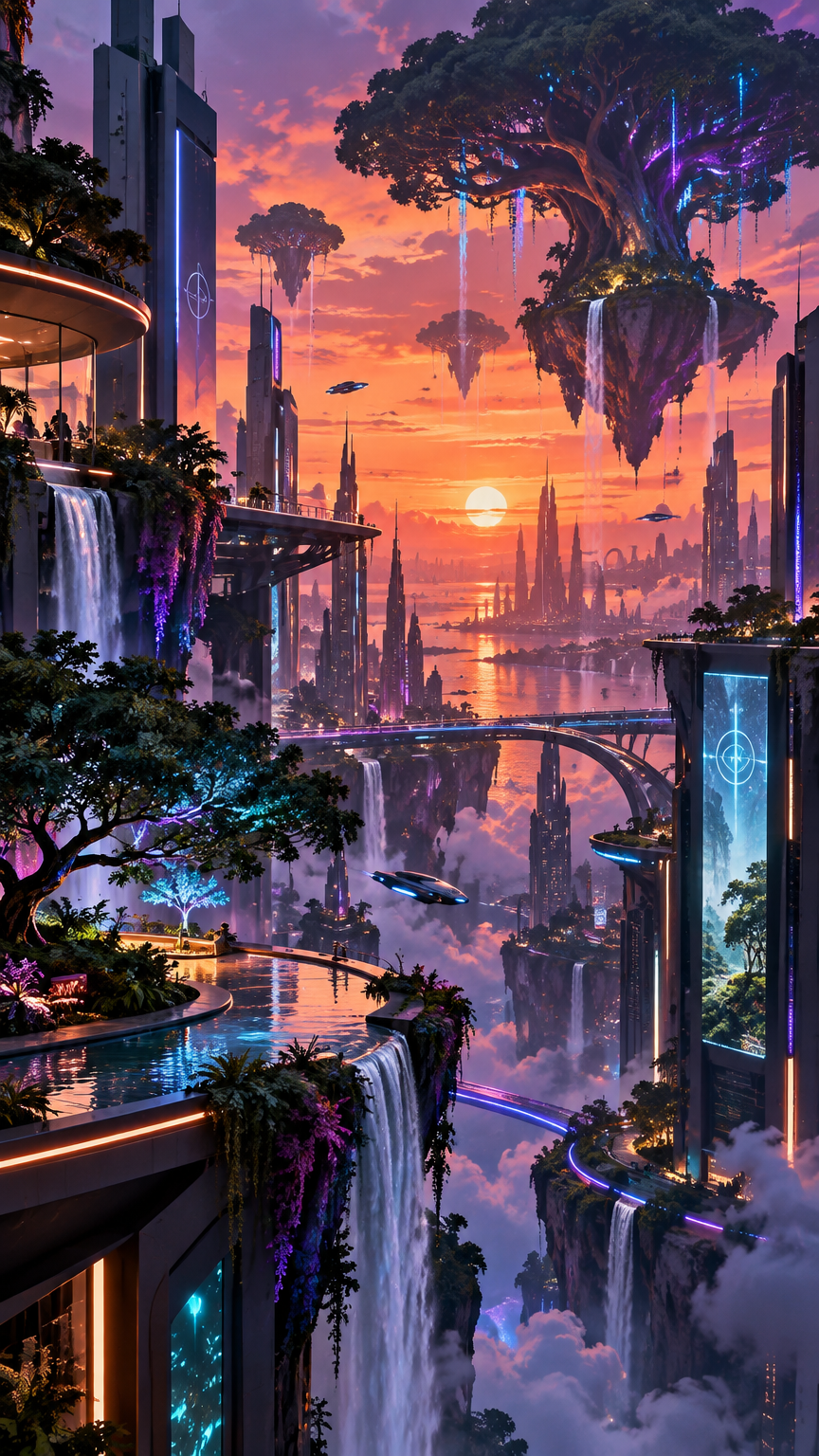 A vibrant, modern digital painting of an abstract cityscape at sunset, blending futuristic architect