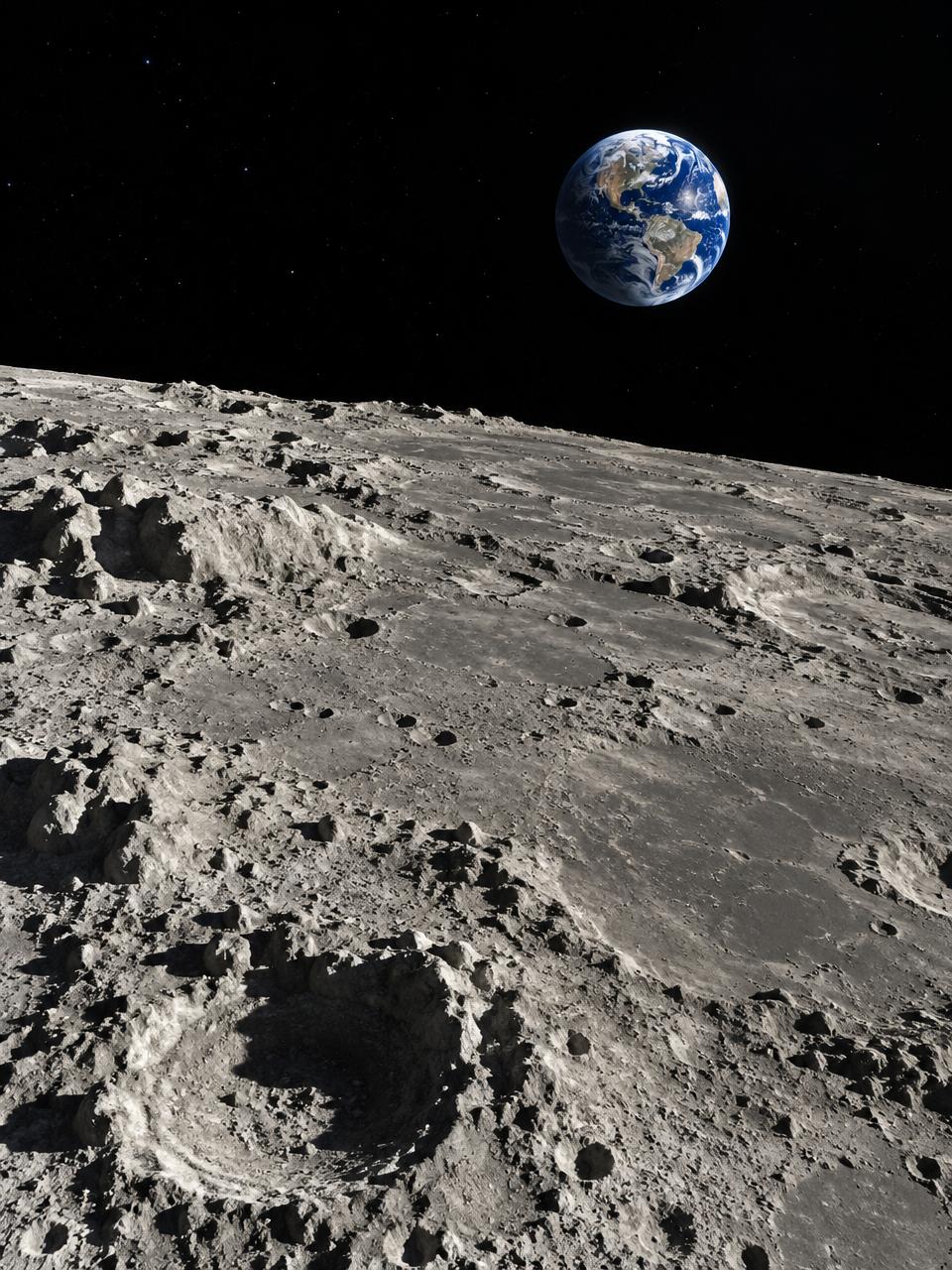 Ultra-realistic close-up of the Moon's surface showing detailed craters, lunar maria, and lunar rego