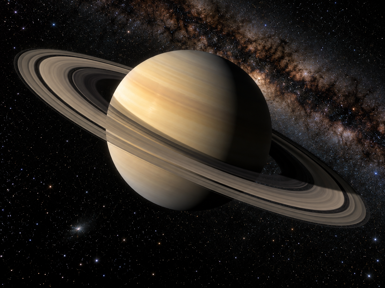 High-resolution image of Saturn with its extensive ring system, showing sharp ring textures and shad