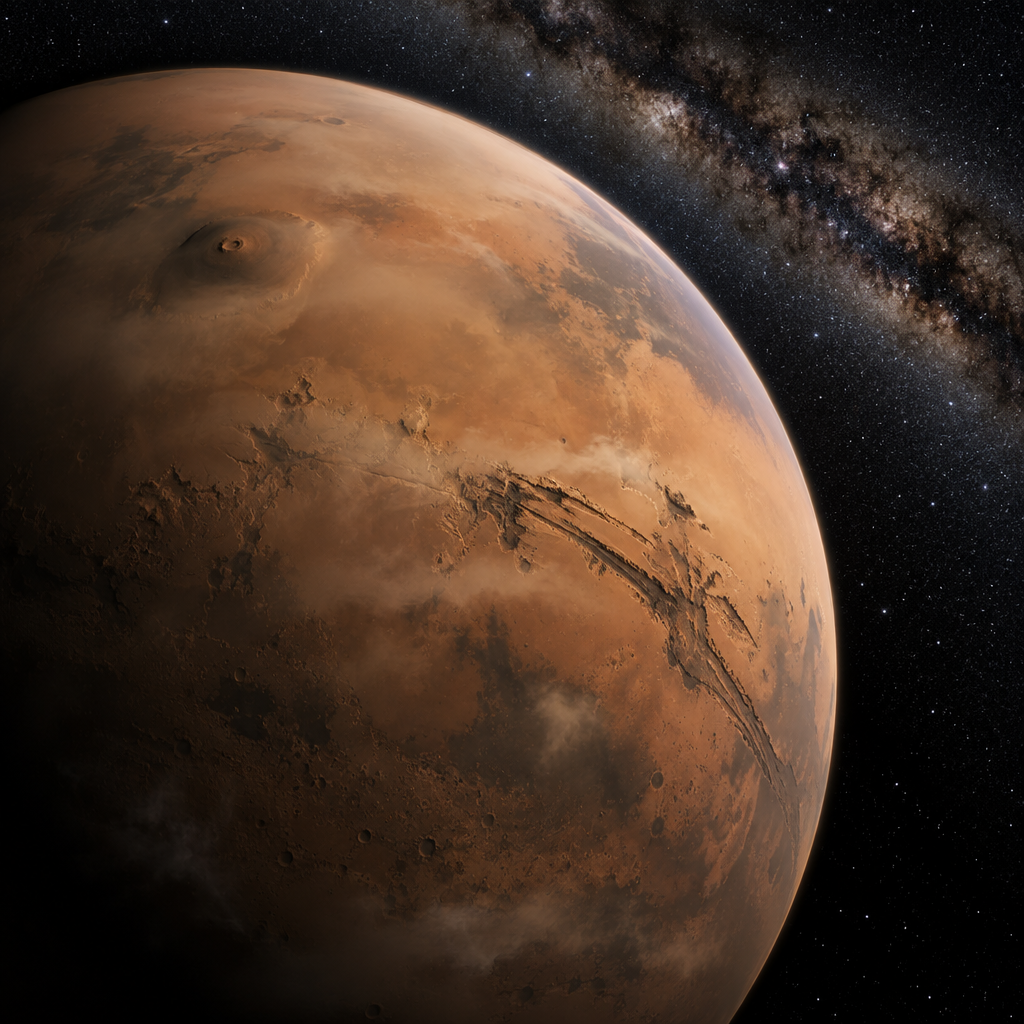 Realistic image of Mars with its dust storms lightly covering the red surface, including Olympus Mon