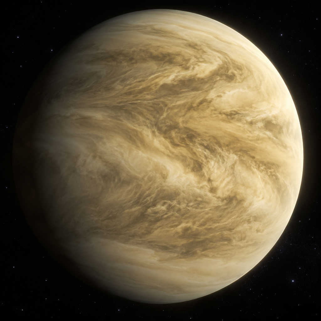 Photorealistic view of Venus covered in dense swirling clouds, showing the cloud texture and atmosph
