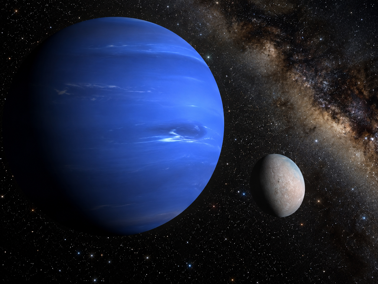 High detail image of Neptune showcasing its vivid blue atmosphere and subtle cloud features, with Tr
