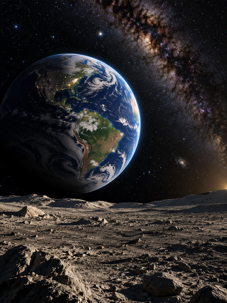 Panoramic view of Earth from the Moon’s surface during lunar twilight, showing Earth’s continents, o