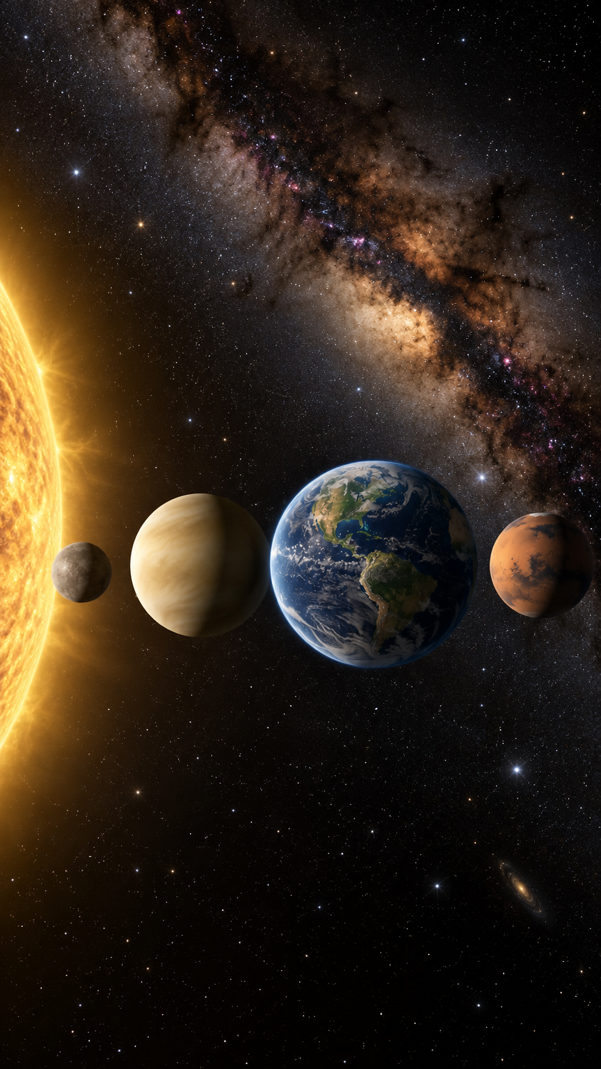 Realistic depiction of the inner Solar System: Mercury, Venus, Earth, and Mars aligned with sunlight