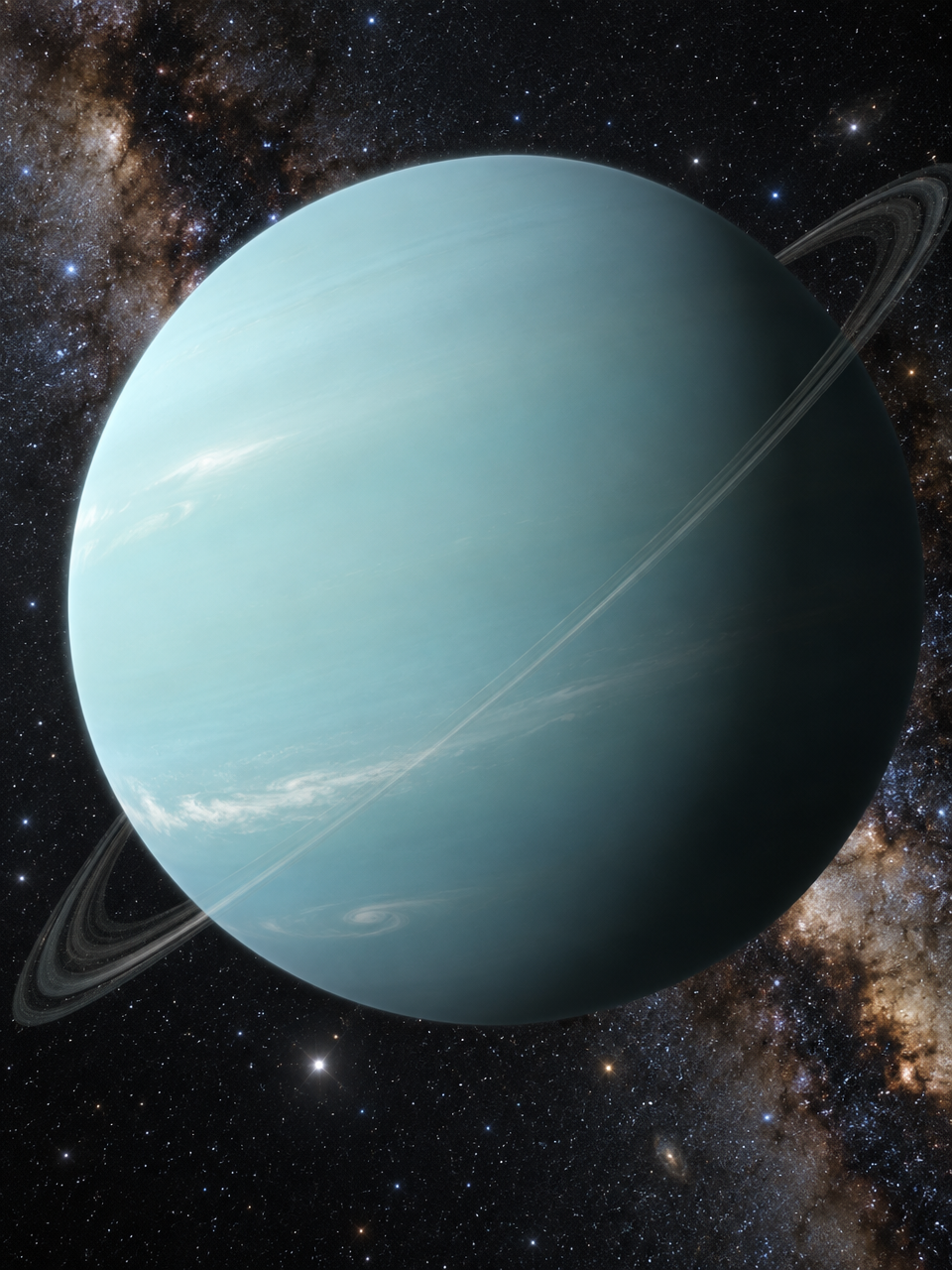 Close-up image of Uranus with its pale blue-green color and faint ring system, set against a star-de