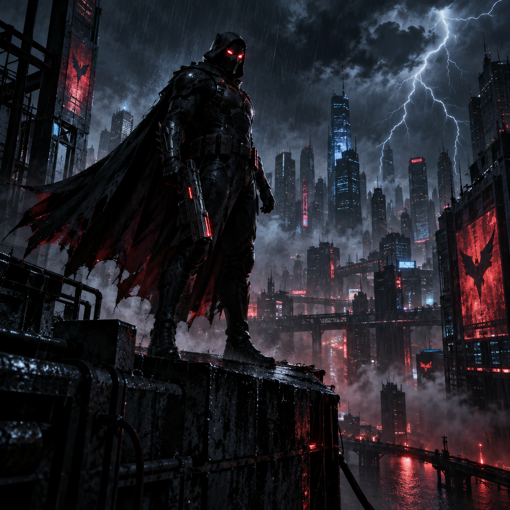 A dark, moody movie poster featuring a lone silhouette of a masked hero standing on a rain-soaked ci