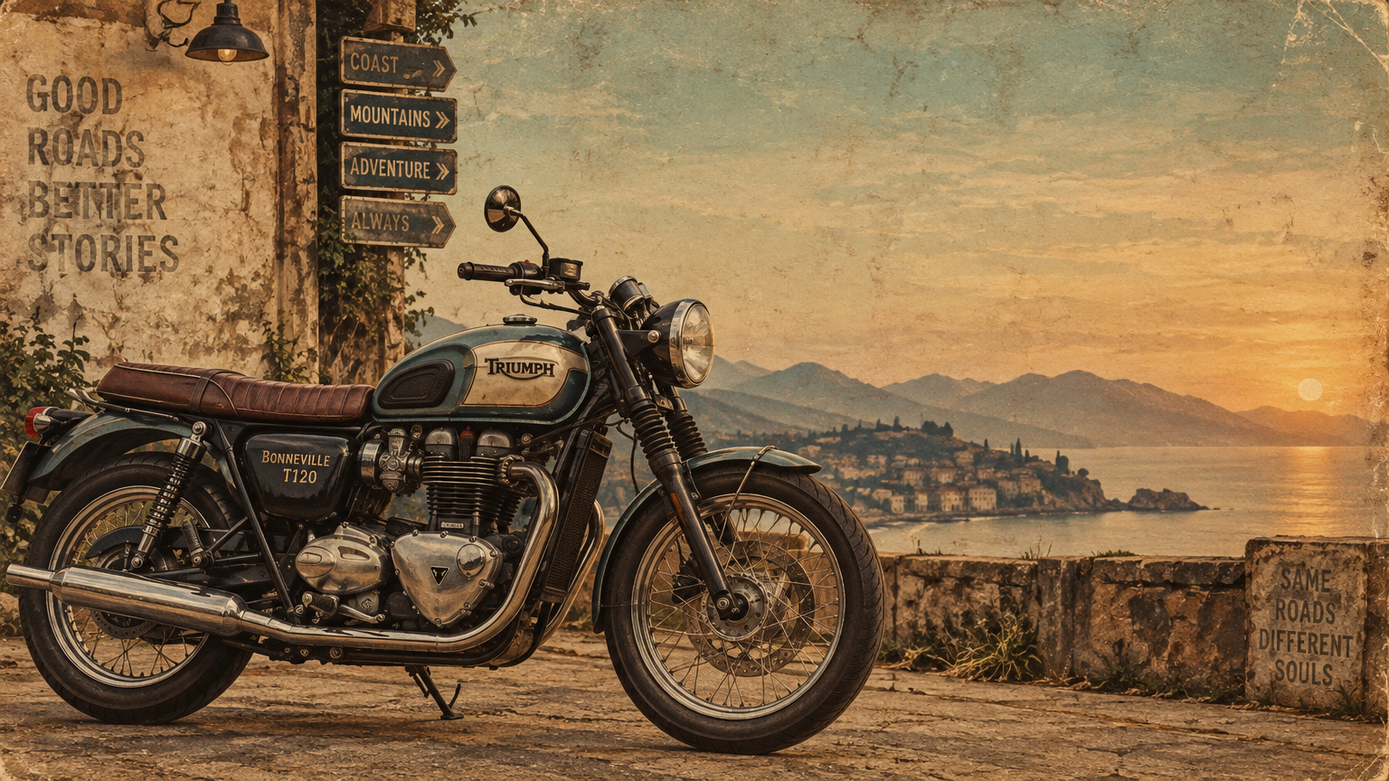 A vintage-style wallpaper featuring a classic motorbike as the central focus, illustrated with warm,