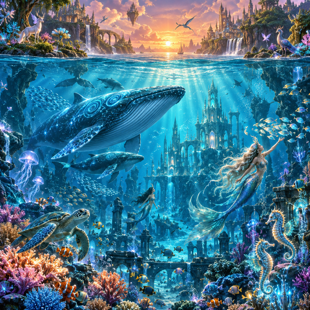 A fantasy wallpaper illustrating an expansive underwater world covering 80% of the composition, fill