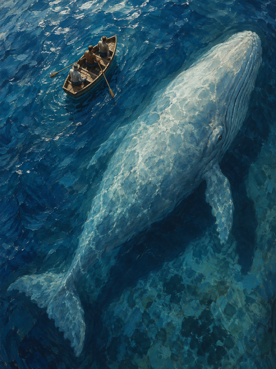 An artistic oil painting style depiction of a small wooden rowboat with three people in it, floating