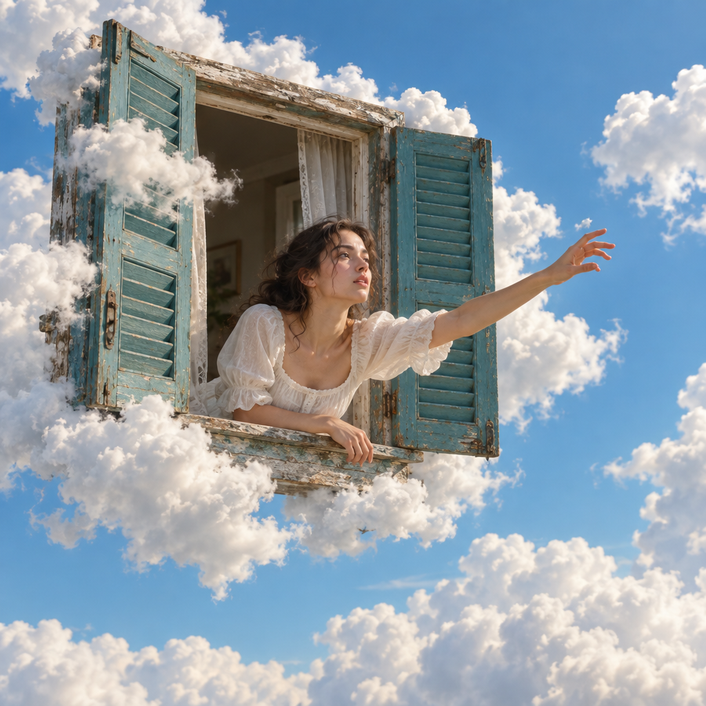 A surreal scene featuring a vintage window frame with teal shutters suspended in the bright blue sky