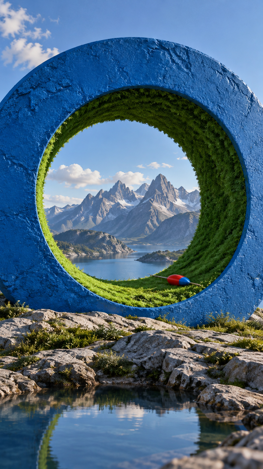 A surreal landscape featuring a large, abstract circular structure with a textured surface in bright