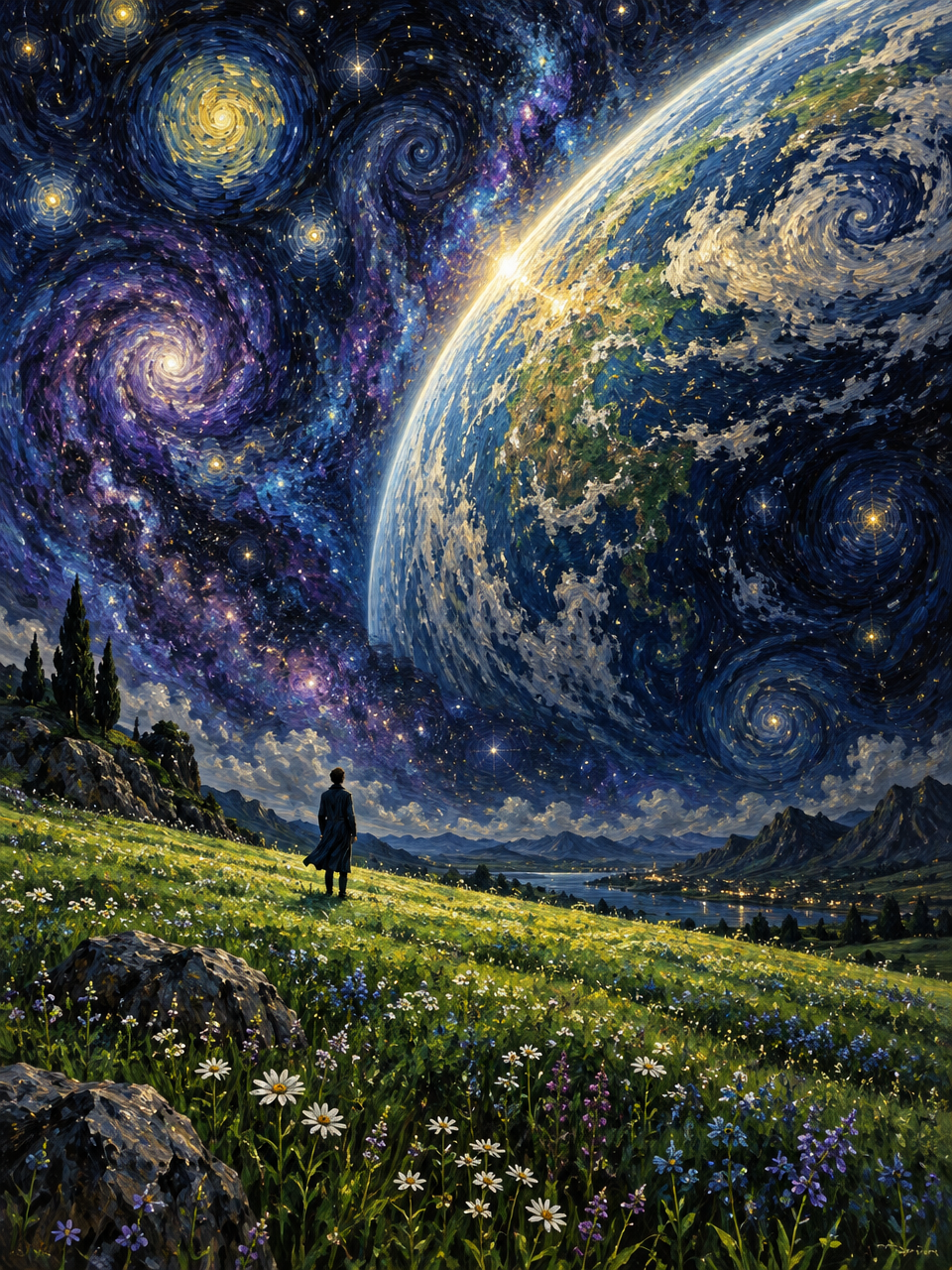 A surreal, impressionist-style scene featuring a vast, vibrant green field sprinkled with small flow