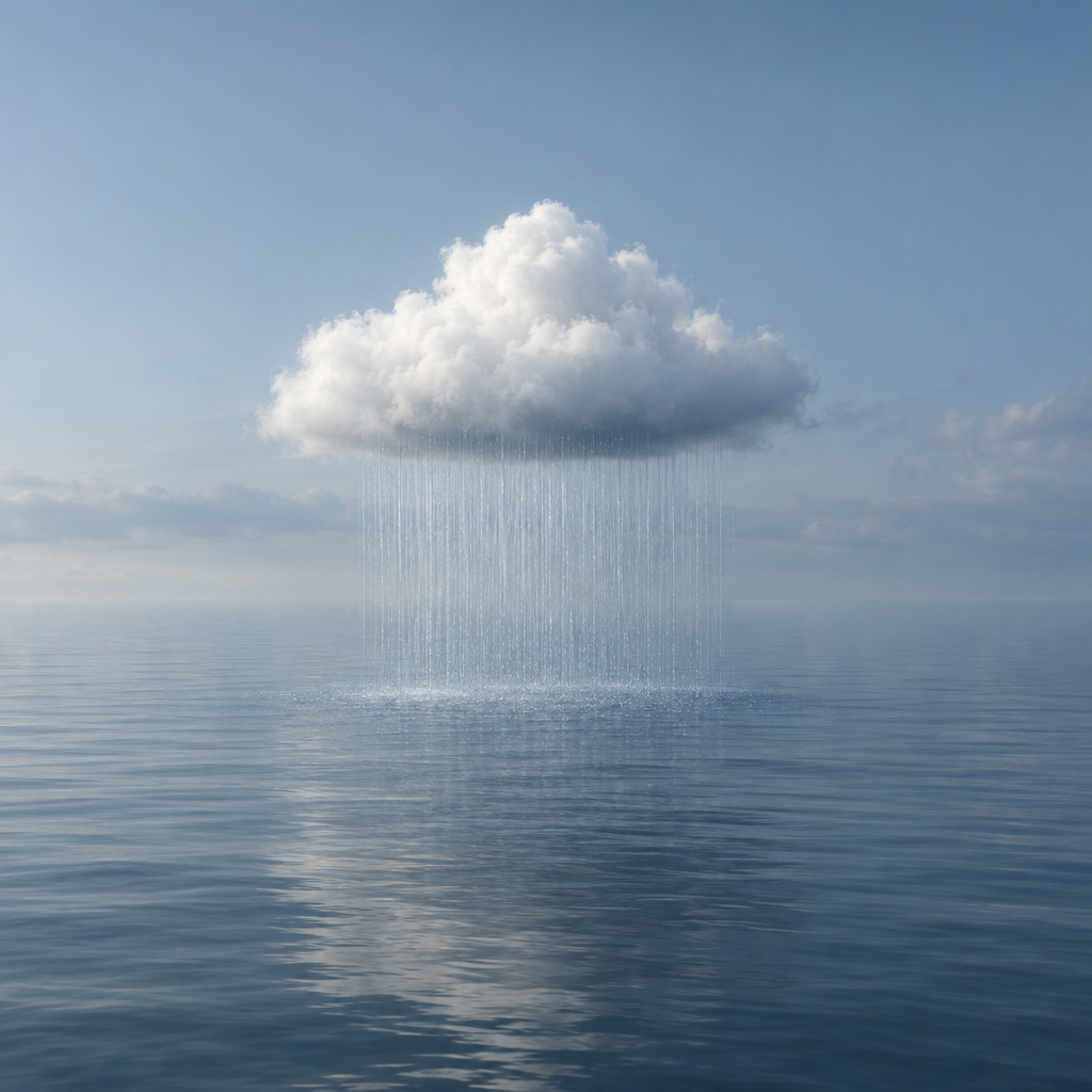 A minimalist surreal scene depicting a single, fluffy white cloud hovering low above a calm ocean. F