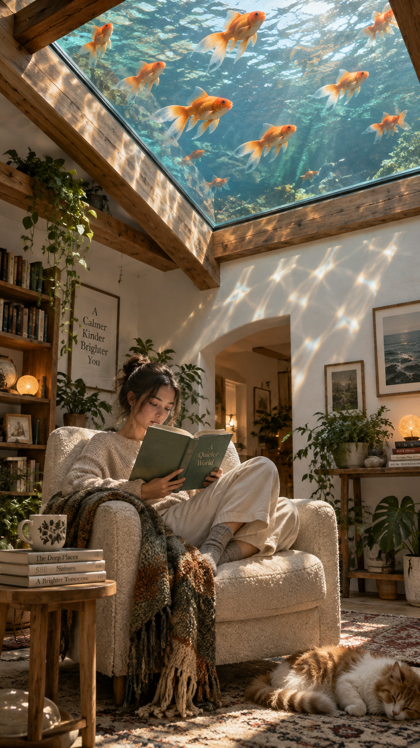 A serene, sunlit indoor scene showing a young woman peacefully reading a book while seated comfortab