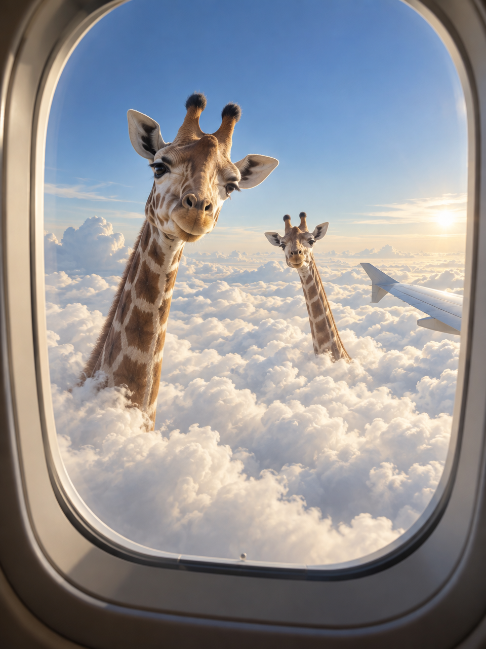 A surreal and whimsical view from an airplane window showing two giraffe necks and heads rising grac