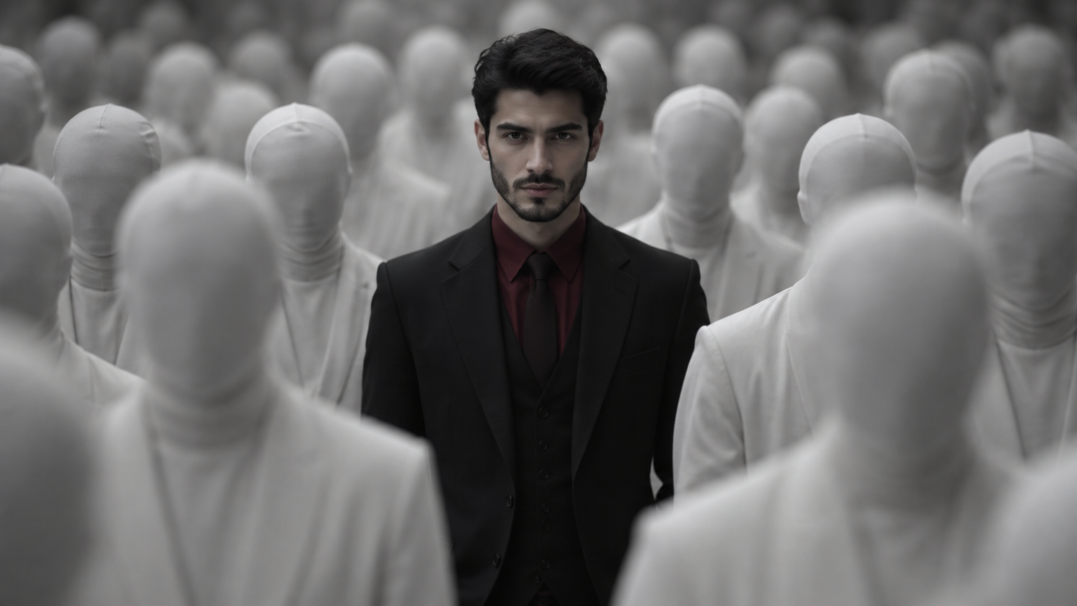A cinematic, photorealistic portrait of a mysterious young man use image for face reference standing