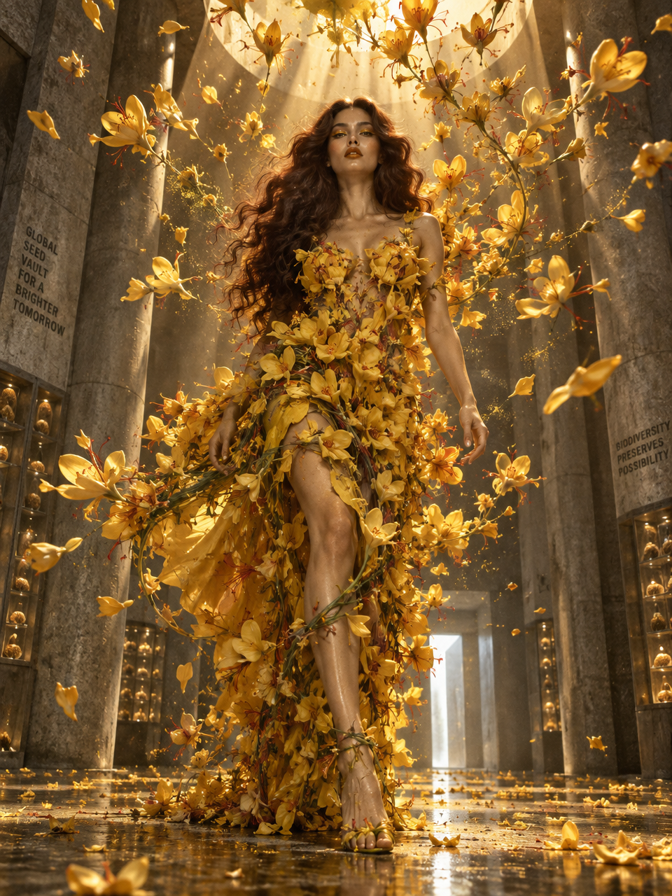 {
"vibe_title_en": "Zero-Gravity Botanical Collision of Concrete and Saffron",
"master_prompt":