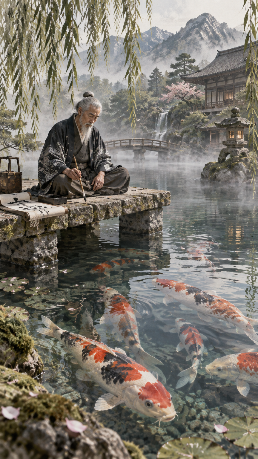 Japanese Style, a serene scene of an elderly Japanese calligrapher sitting cross-legged on a stone d
